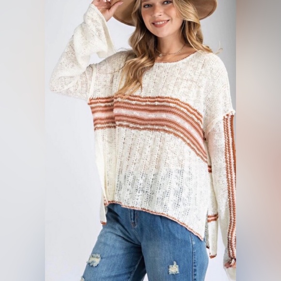 EASEL Cream Burgundy Stripe Lightweight Relaxed Fit Knit Sweater - Picture 1 of 8